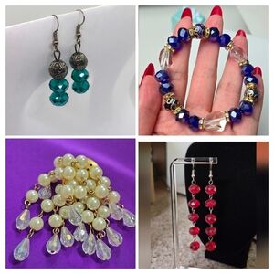 Crystal Beads Earrings Brooch Bracelet 4 Pc Bundle